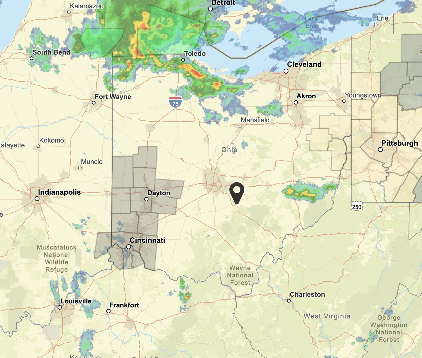 National Weather Service radar showing precipitation across Ohio near Fairfield County Airport